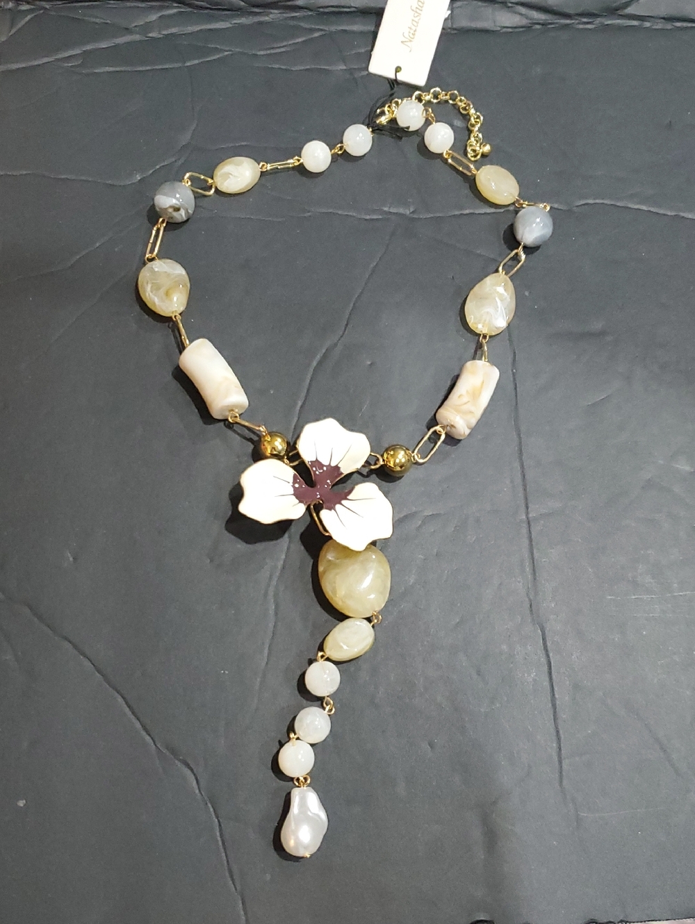 Natasha couture multi beaded‎ lariat style enamel dahlia flower style necklace